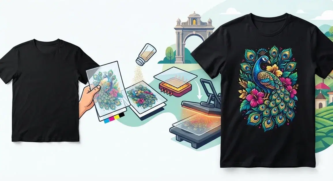 Close-up of a colourful DTG printed custom t-shirt