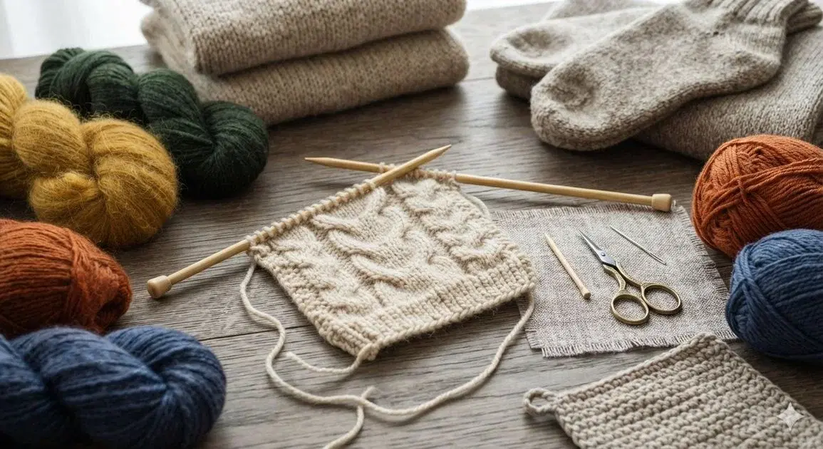 Close-up of hands knitting wool yarn with wooden needles